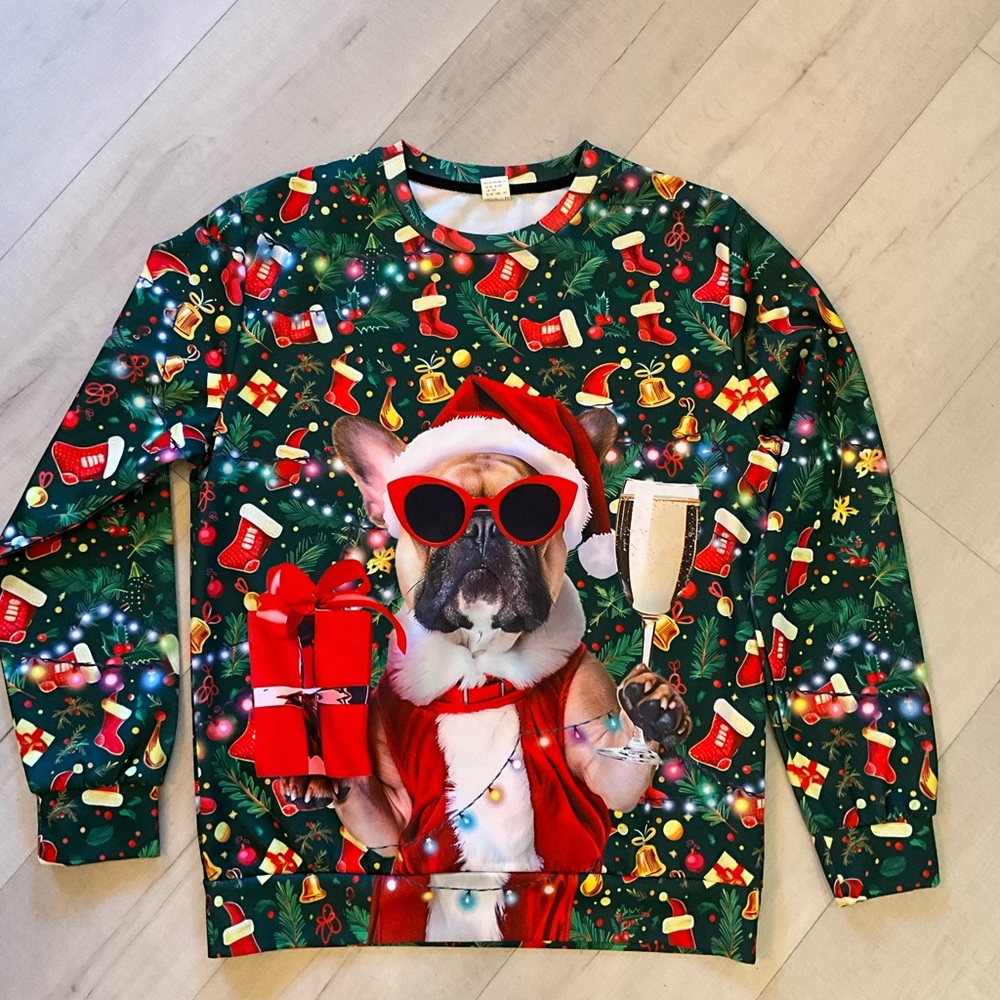 Ugly Christmas Funny Dog Champagne Sweatshirt Size M‎ (unisex)